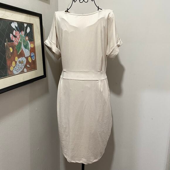 Zenana Cream Dress Size Large Short Sleeve Stretch Knit with Tie Back Belt - Picture 8 of 11